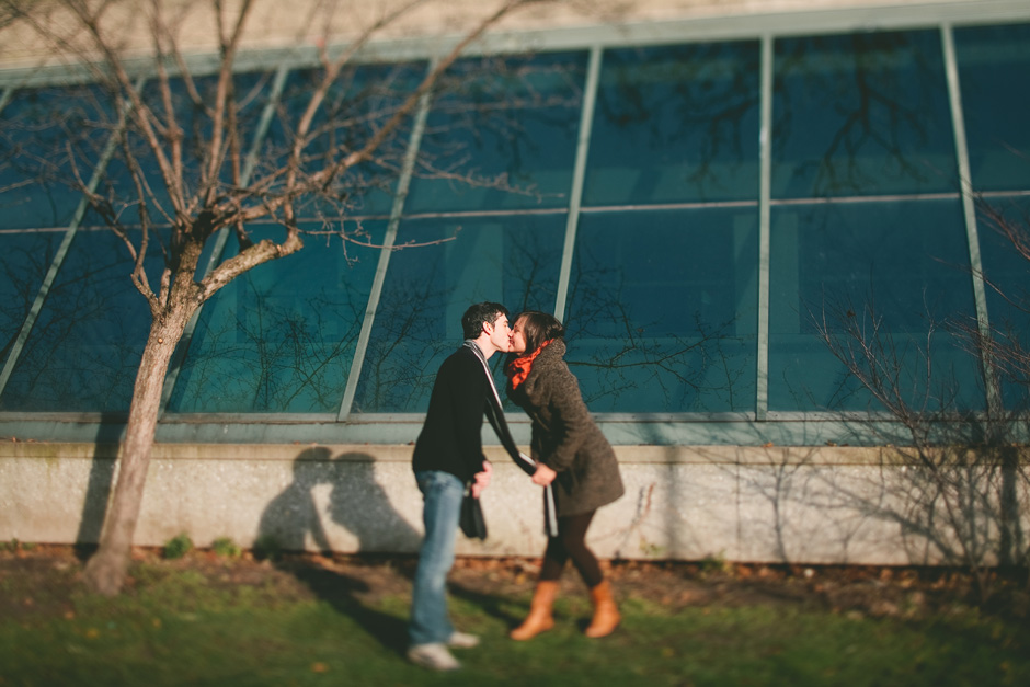 Toronto Engagement photos: Tilt-Shift picture of couple kissing