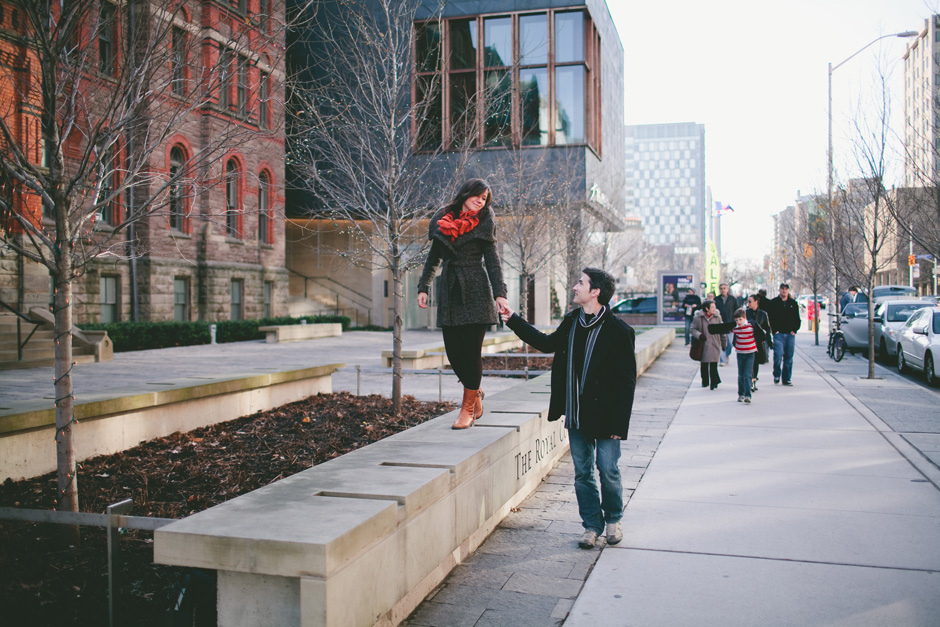 Photojournalistic Engagement Photography in Toronto : couple walking together on Bloor Street