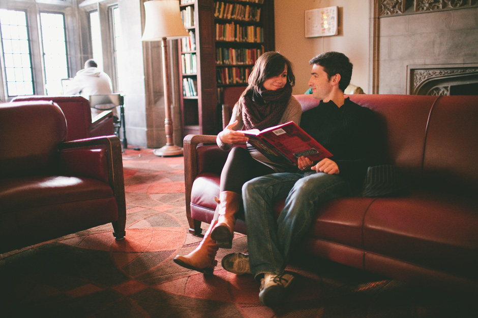 Creative Toronto Engagement Photographer : reading a book in the library