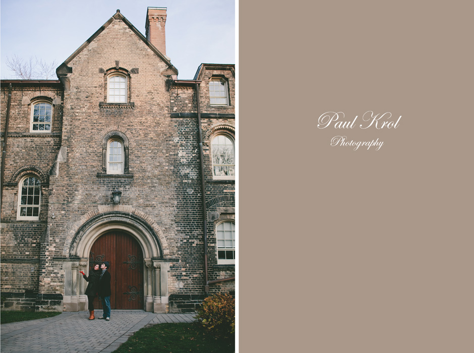 Toronto Engagement Photography : couple standing outside a U of T building