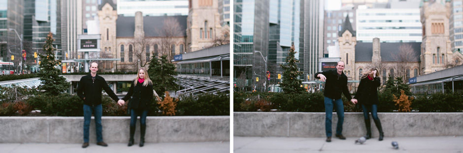 Fun Engagement Photographer Toronto: posing and getting 'bit' by a hungry pigeon
