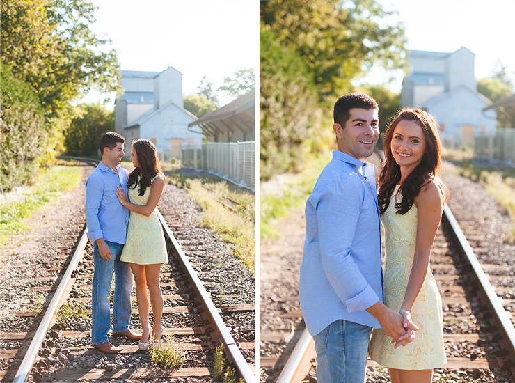 Toronto Engagement Photographer on train tracks in Unionville