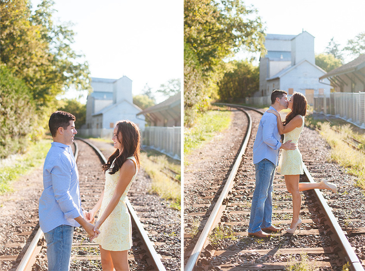 Toronto Engagement Photographers on train tracks in Unionville