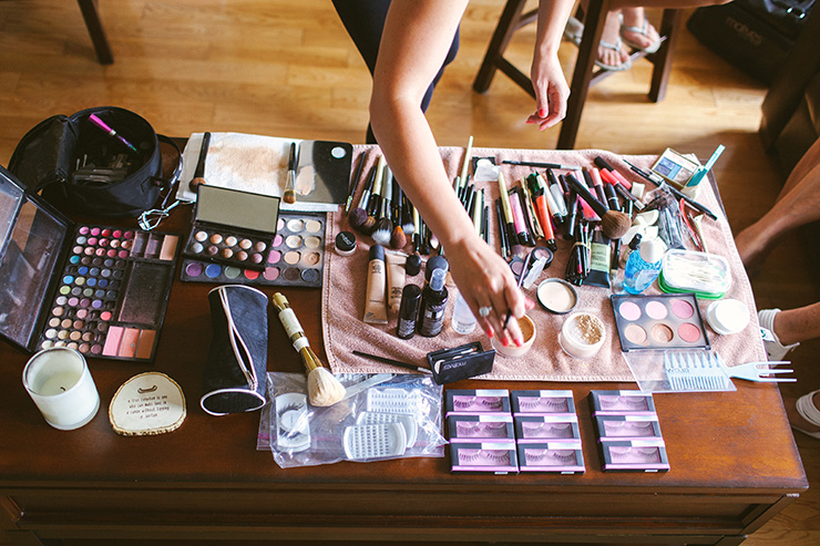 Getting ready makeup table at wedding