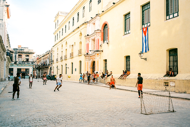 Cuban children playing soccer in Old Havana, Cuba on Ektar 100 film