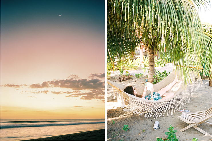Sunset with moon and reading in a hammock at Surfing Turtle Lodge in Nicaragua