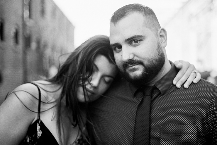 Black and white engagement photography by Toronto photographer at Distillery District
